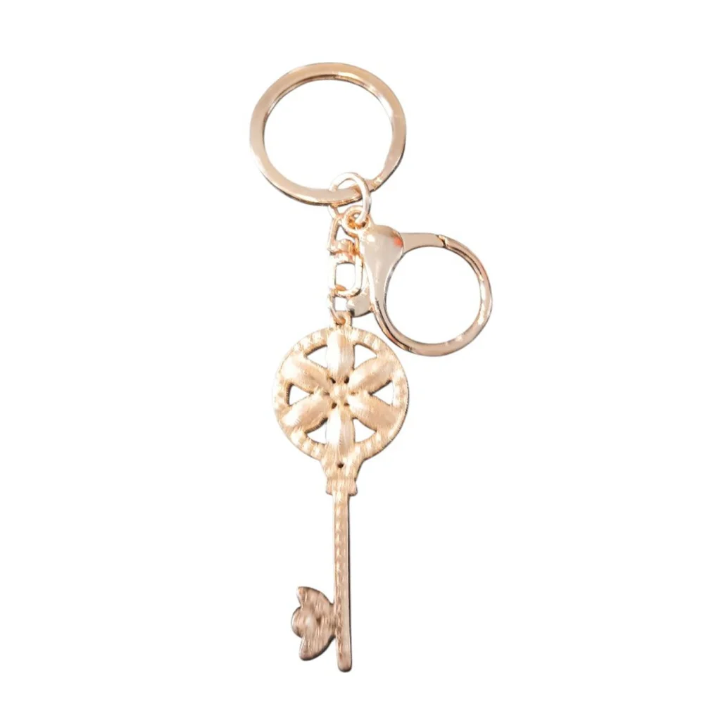 Skeleton Key Flower Rhinestone Keychain Purse Charm in Diamond Gold Tones